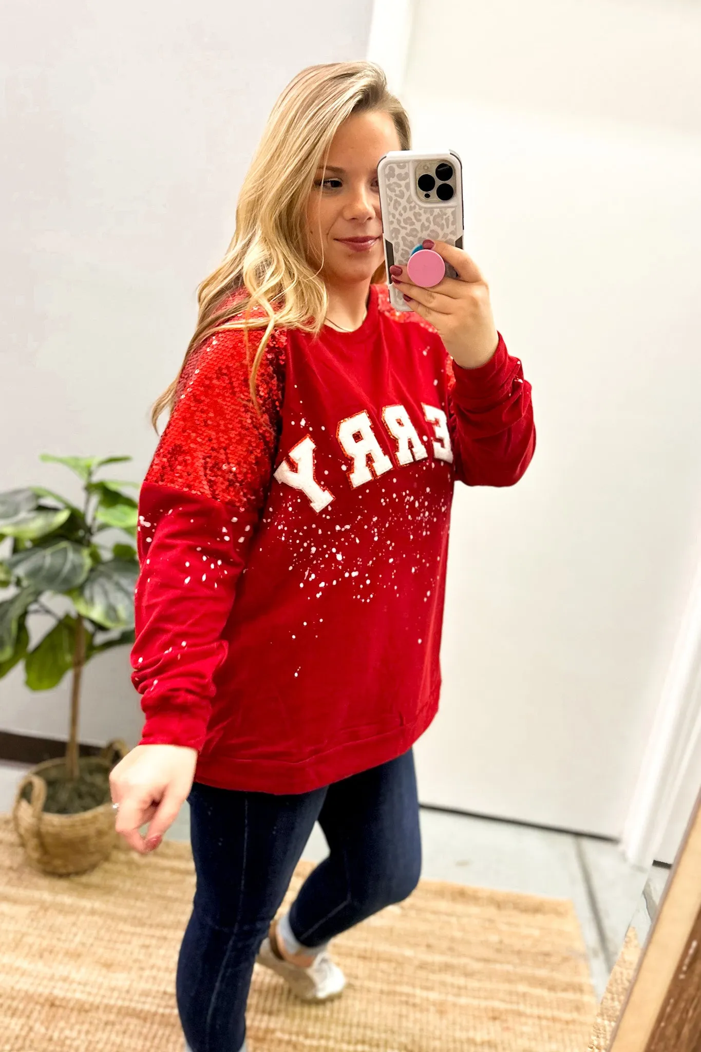 Merry Letters Sequin Sleeve Top, Red