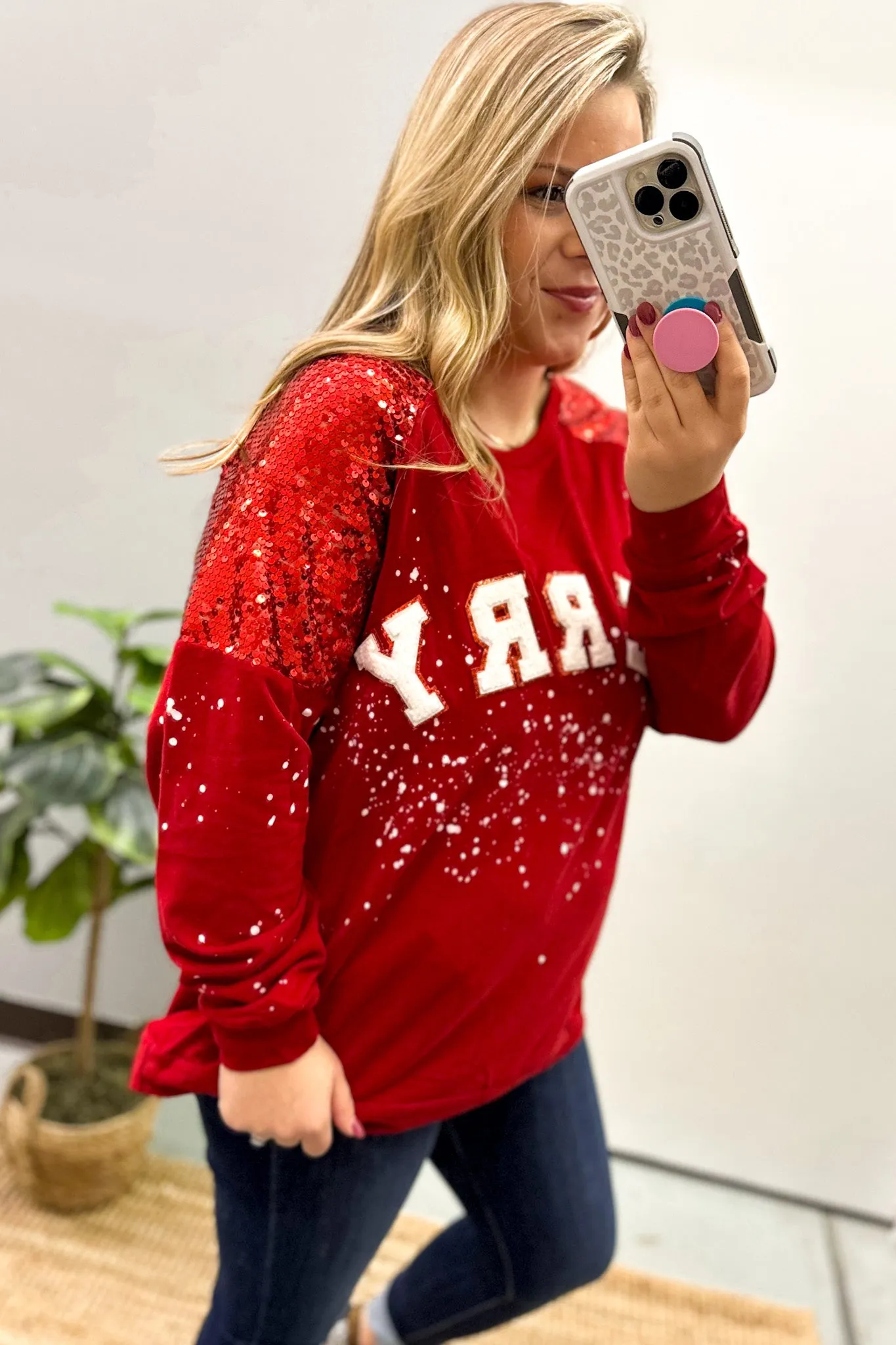 Merry Letters Sequin Sleeve Top, Red