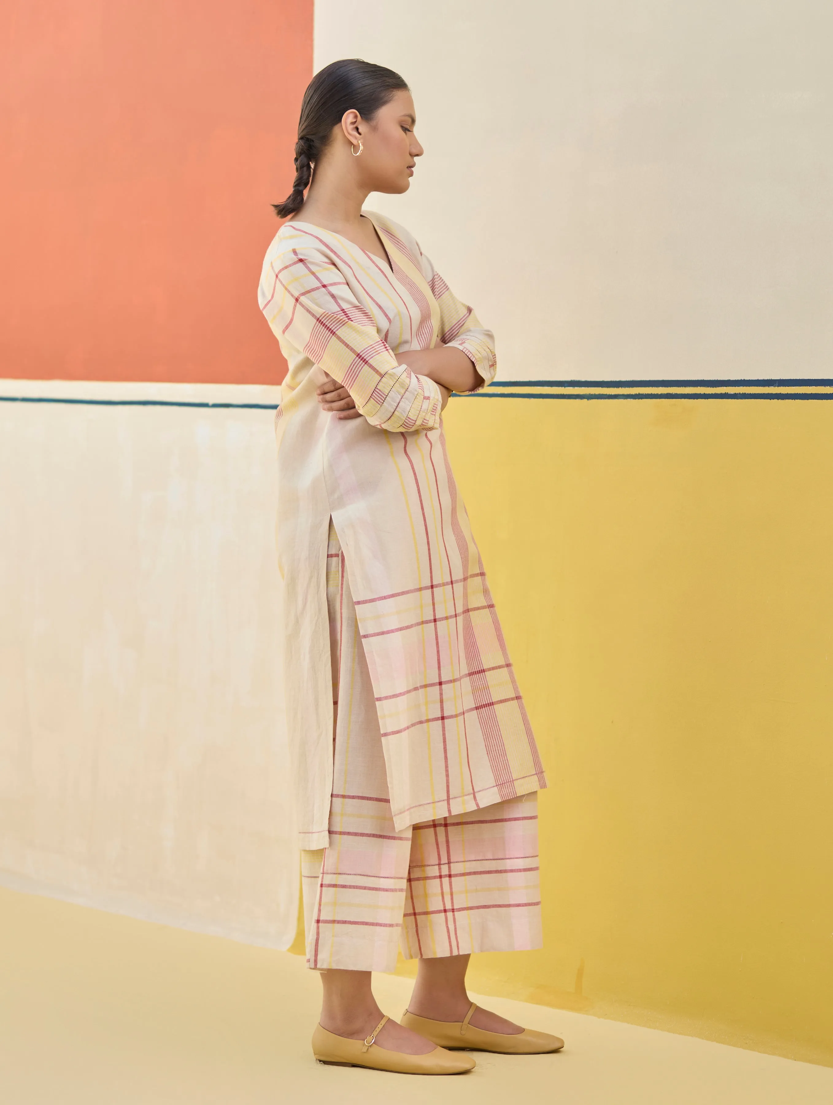 Misa Check Linen Kurta - Sand