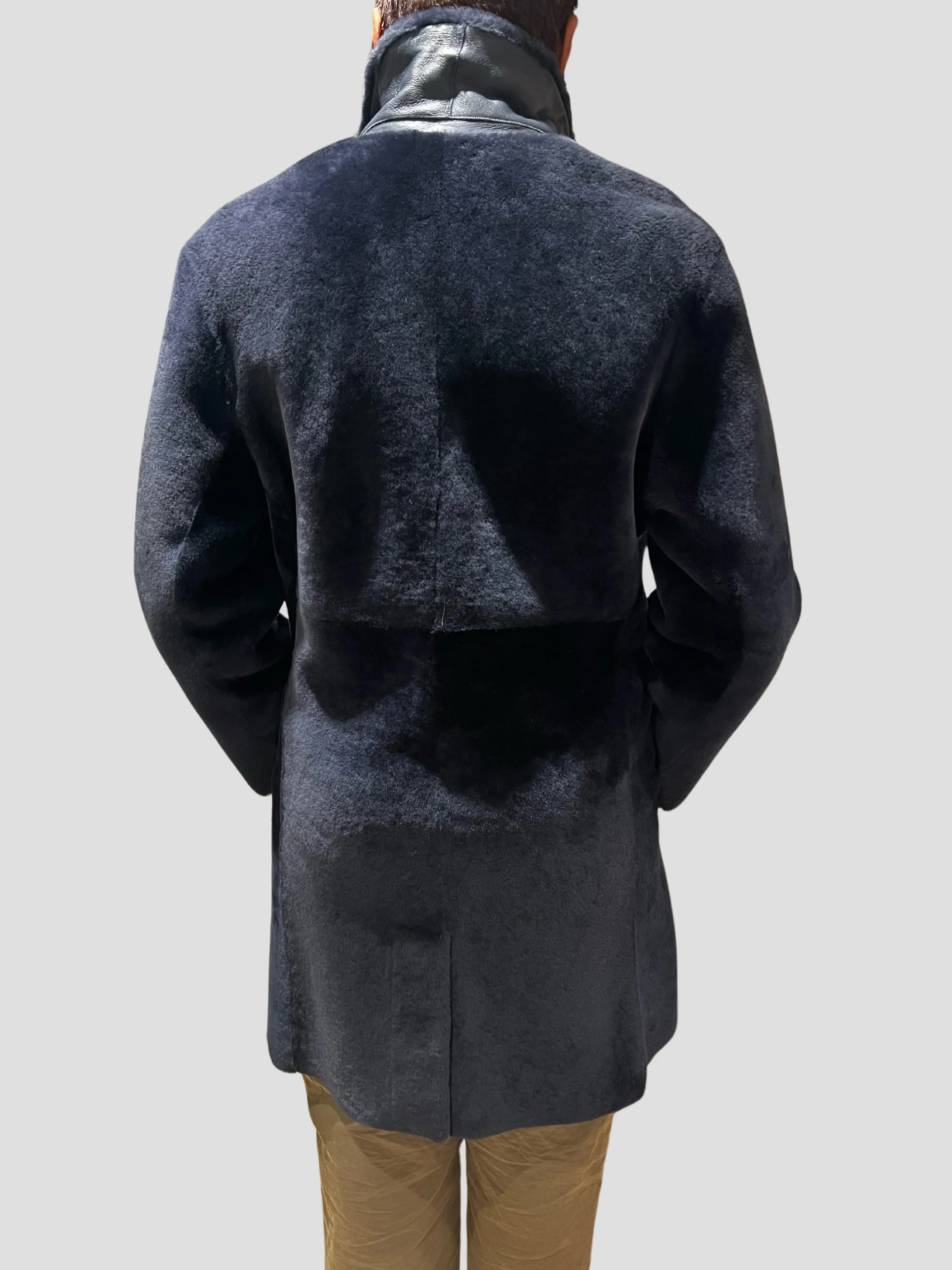 Navy Merino Shearling Notch Collar Coat