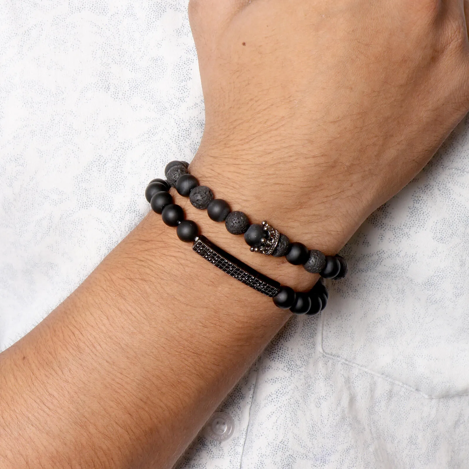 Noah Black Beaded Rhinestone Set of 2 Men's Bracelets