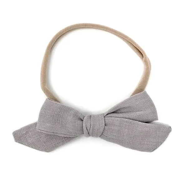 oh baby! School Girl Bow Linen Nylon Headband - Medium Bow - Gray