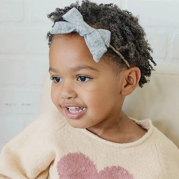 oh baby! School Girl Bow Linen Nylon Headband - Medium Bow - Gray