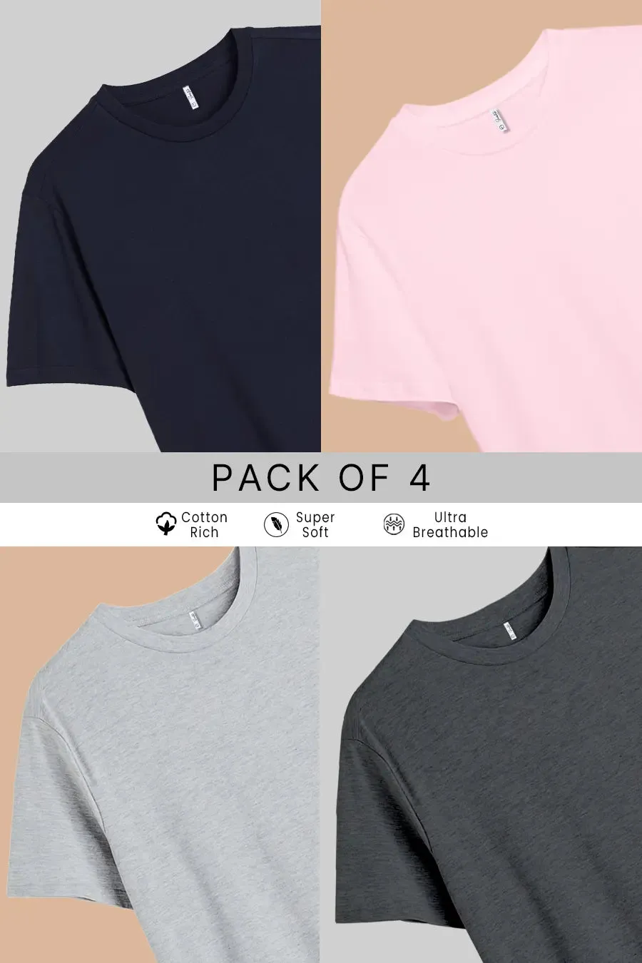 Pack 4 - Dark Grey, Light Grey, Navy Blue and Light Pink - Classic Crew