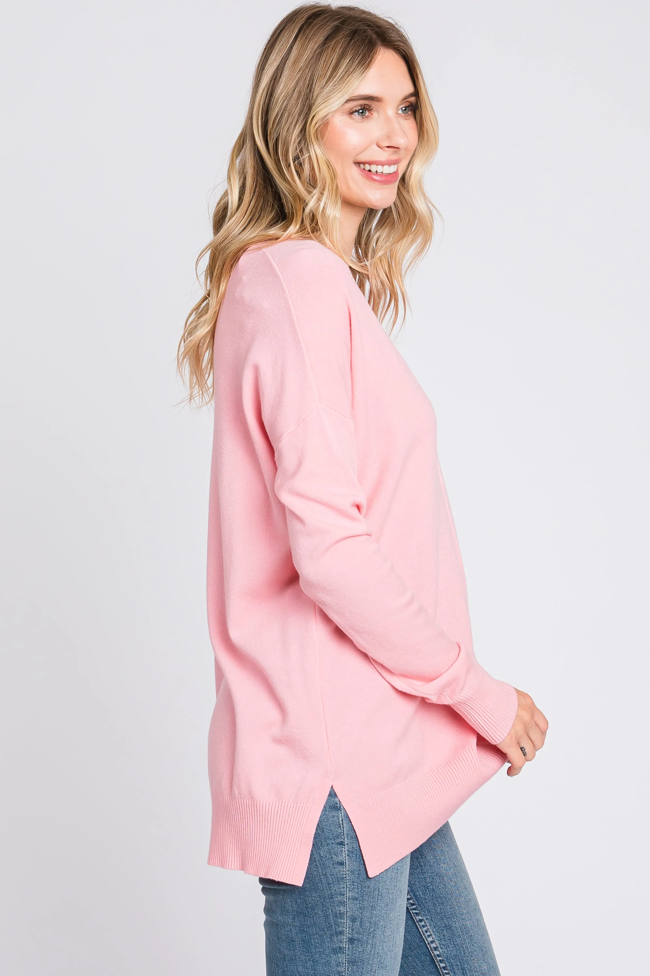 Pink Long Sleeve Side Slit Sweater