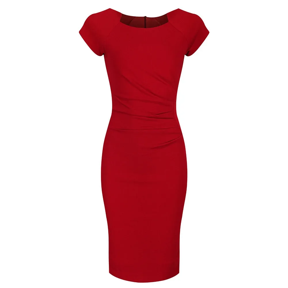 Red Capped Sleeve Ruched Bodycon Pencil Dress