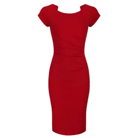 Red Capped Sleeve Ruched Bodycon Pencil Dress