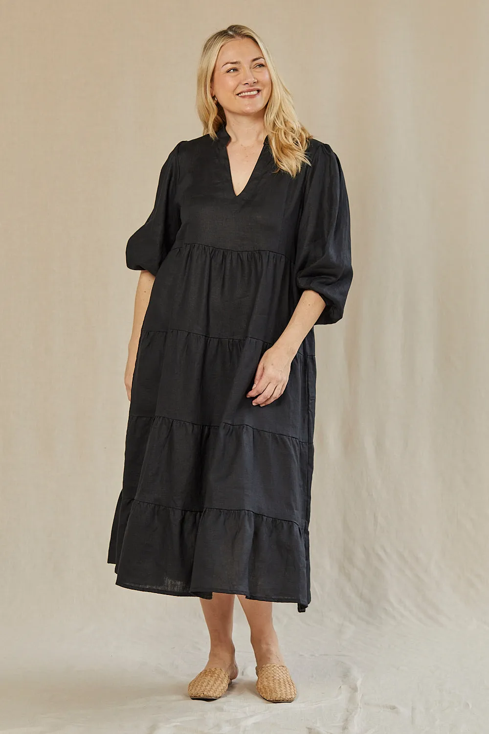 Sabre Linen V-Neck Dress in Black