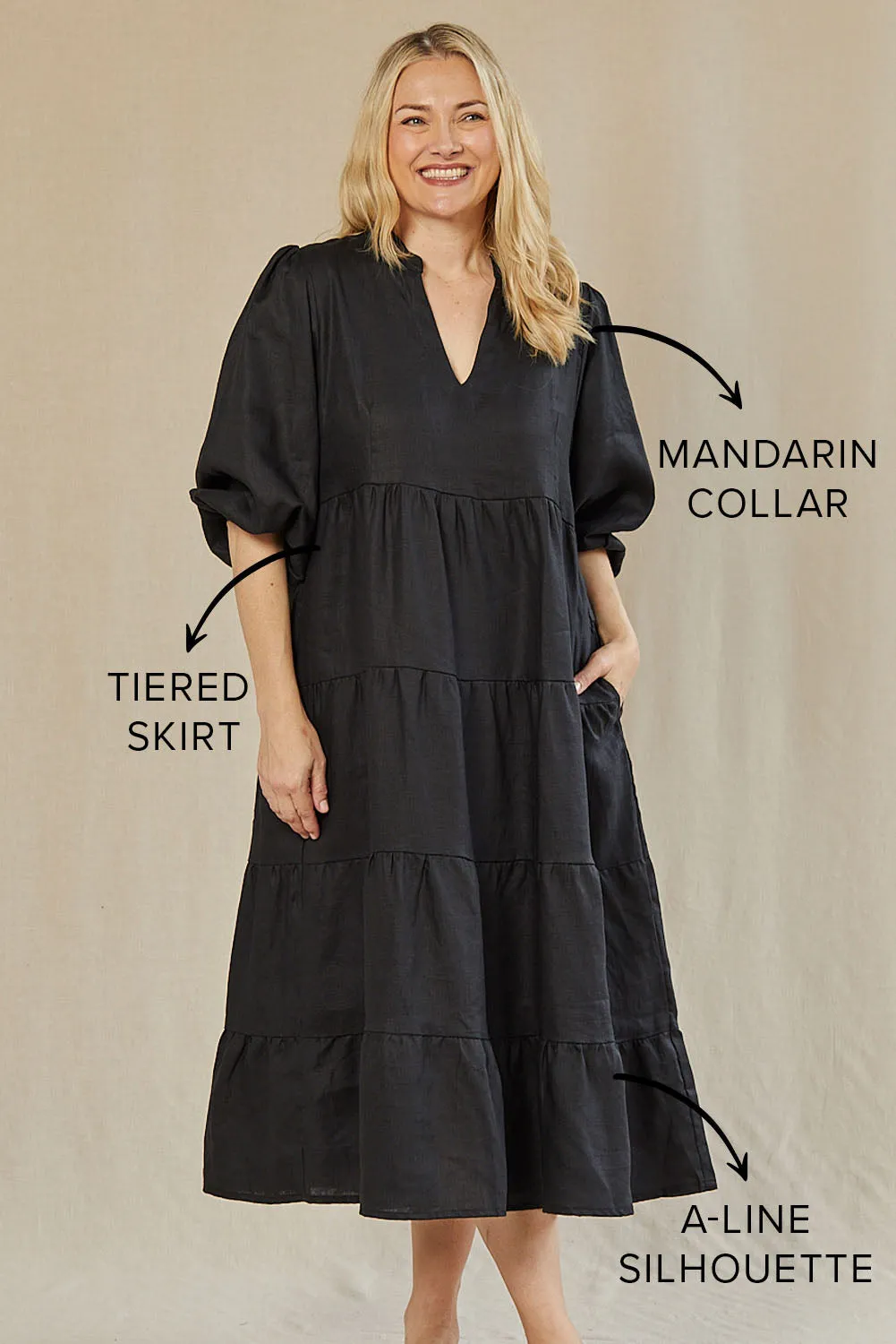 Sabre Linen V-Neck Dress in Black