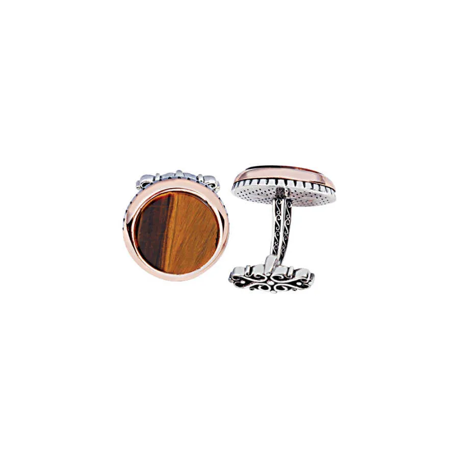 Silver Tiger Eye Stone Flat Round Cufflink