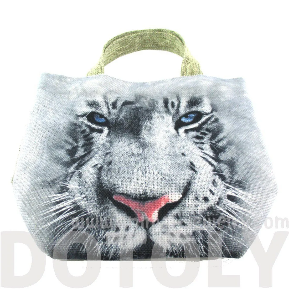 Small White Bengal Tiger Face Print Fabric Small Lunch Tote Bag | DOTOLY