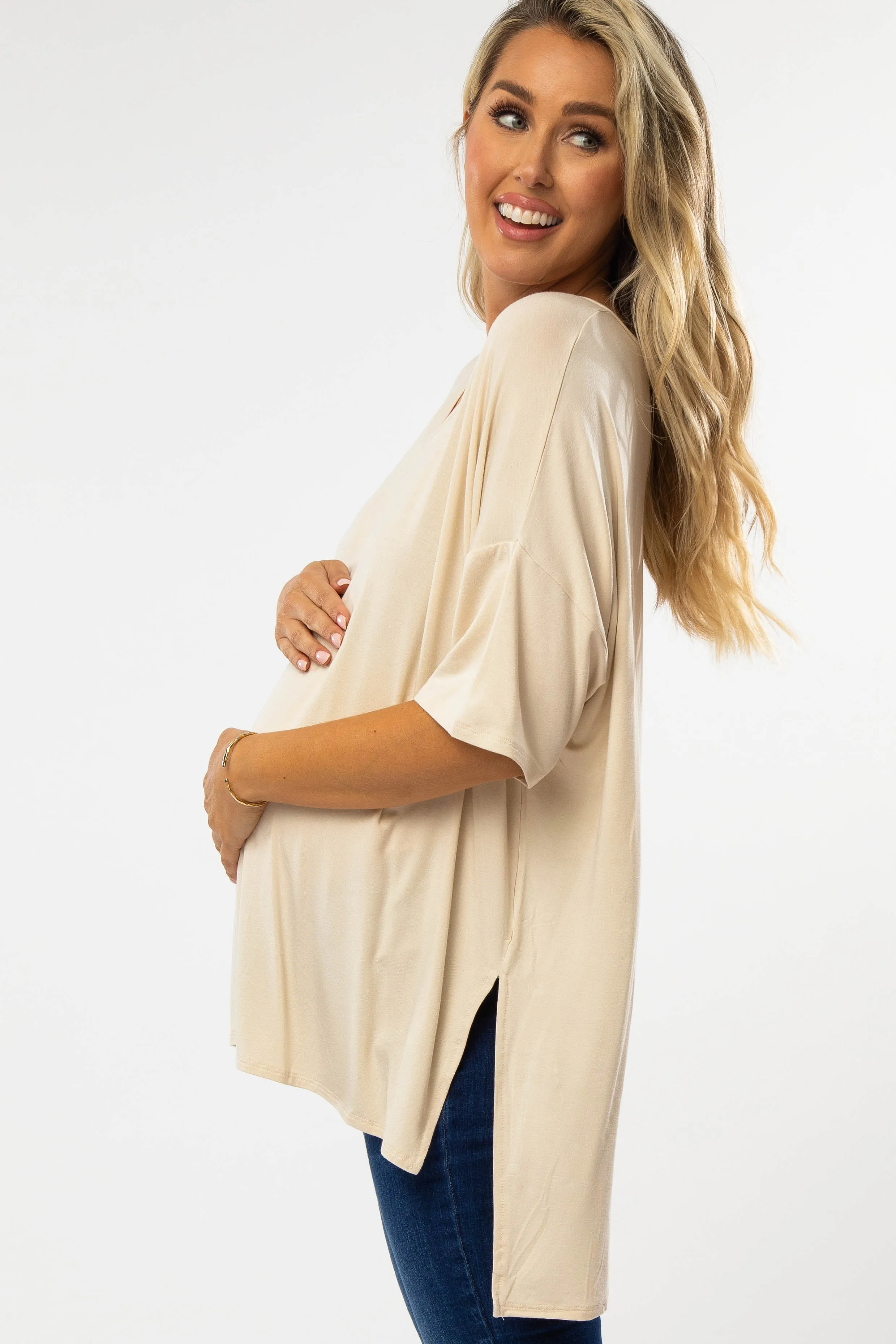 Taupe Hi-Low Dolman Sleeve Maternity Top