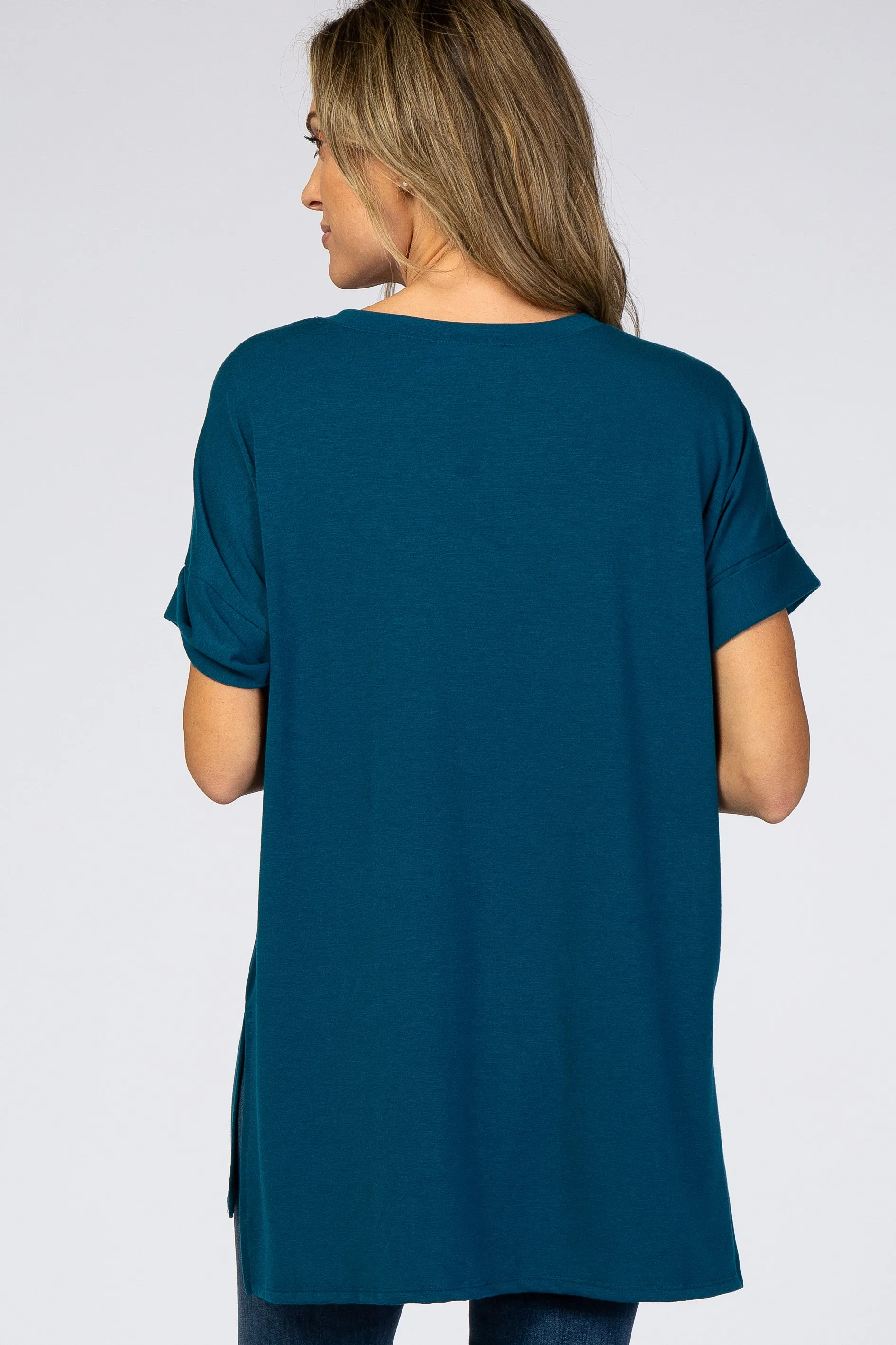 Teal V-Neck Cuffed Short Sleeve Top