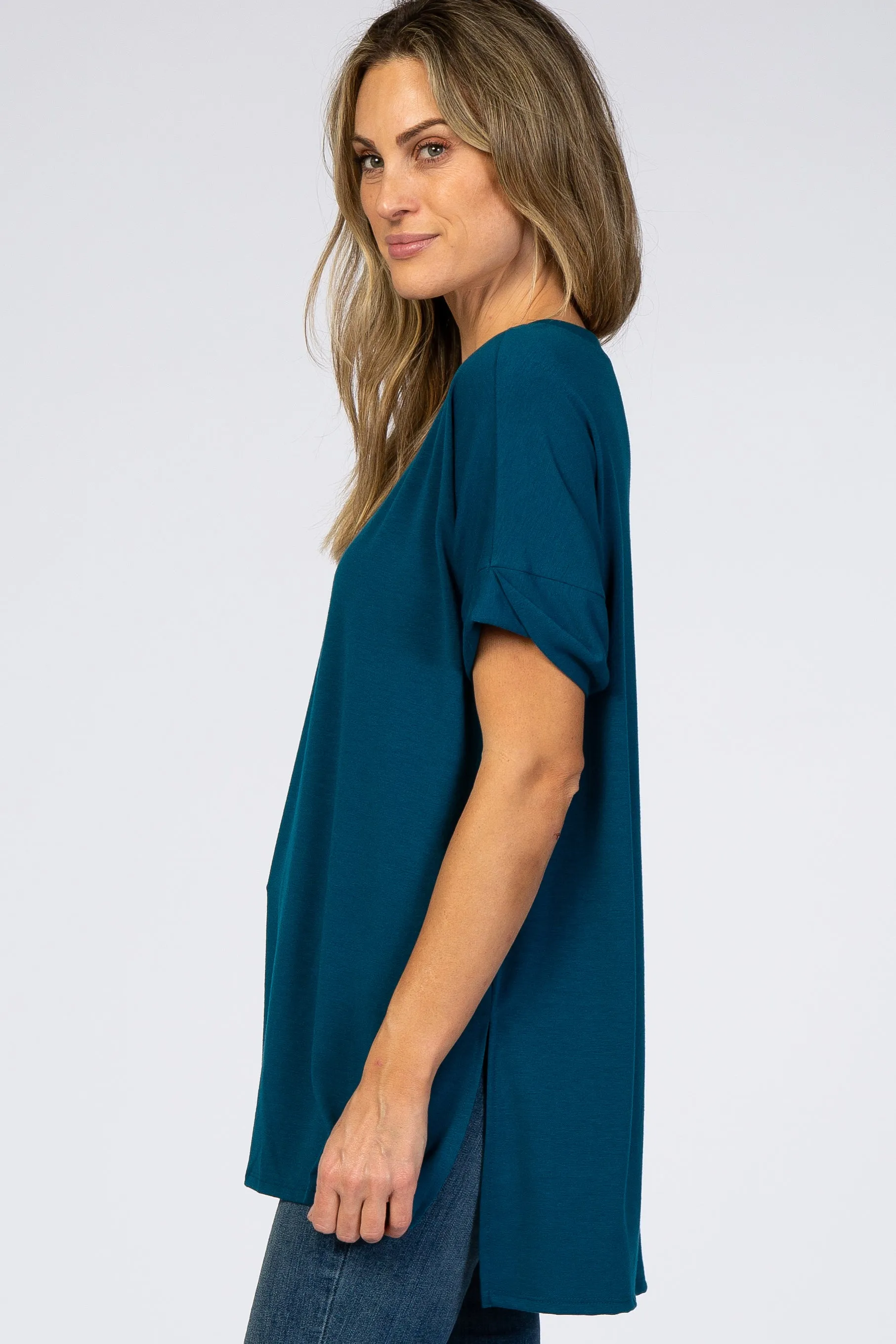 Teal V-Neck Cuffed Short Sleeve Top