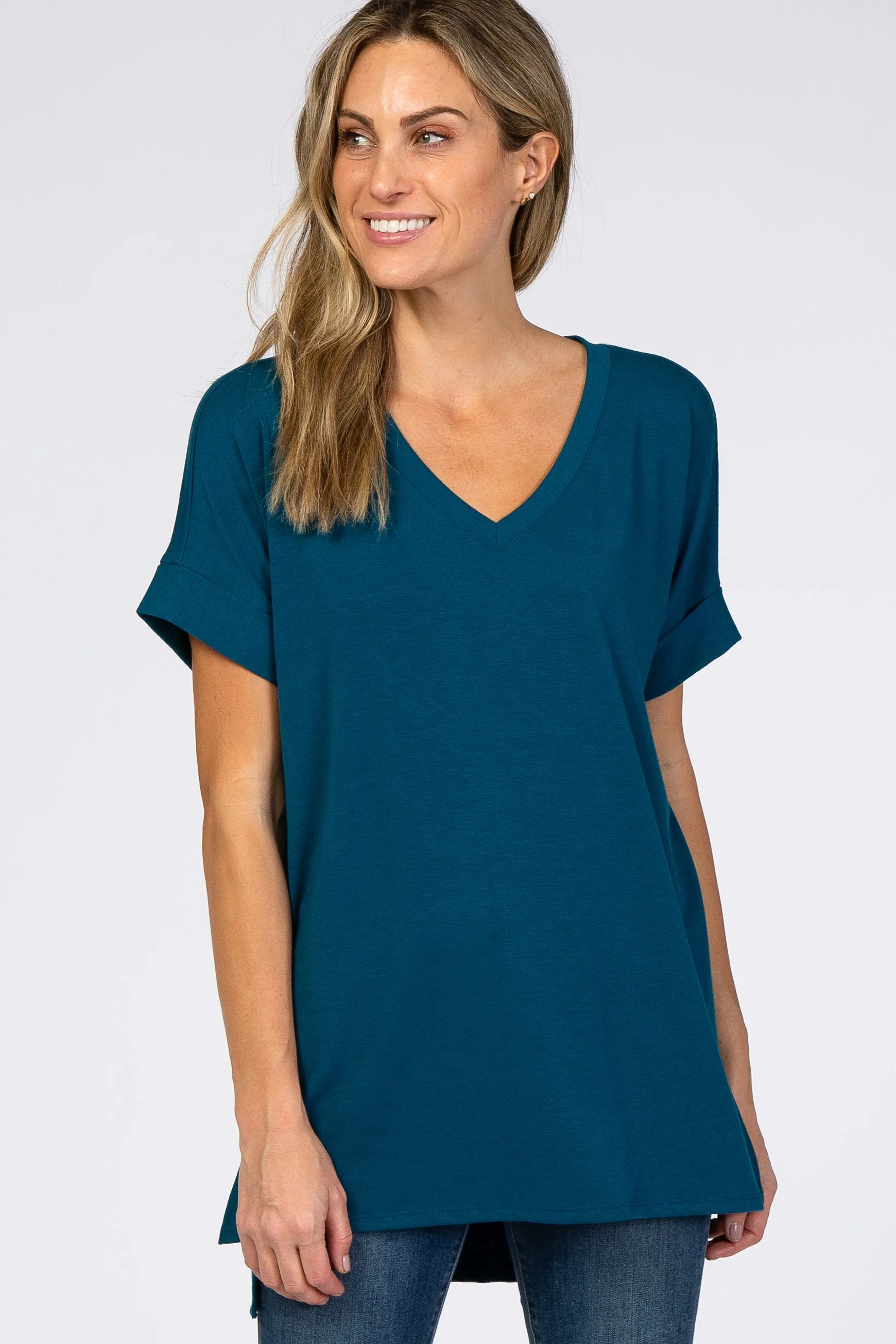 Teal V-Neck Cuffed Short Sleeve Top