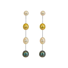 Tri-Pearl Linear Drop Silver Earrings