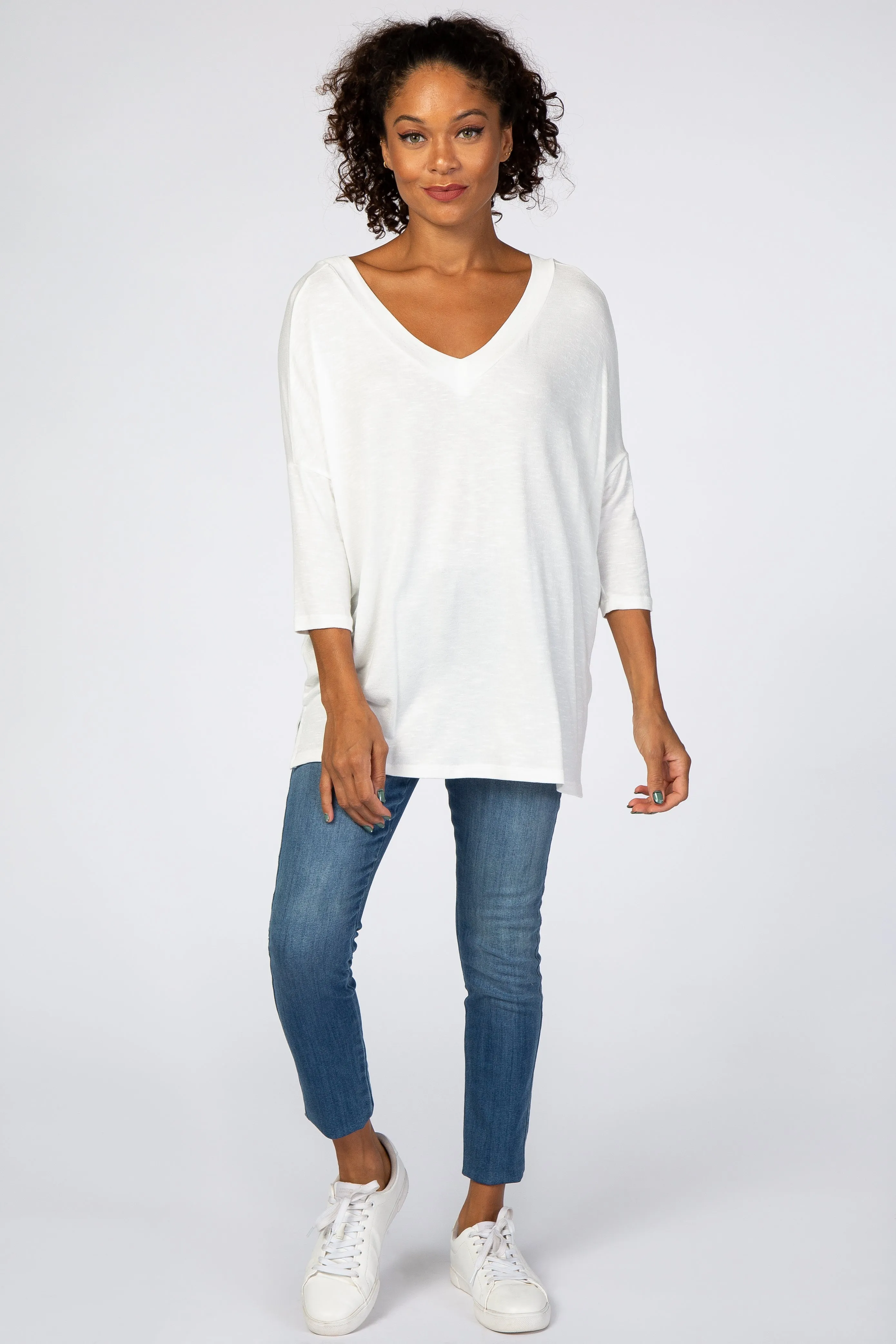 White V-Neck Dolman Sleeve Top