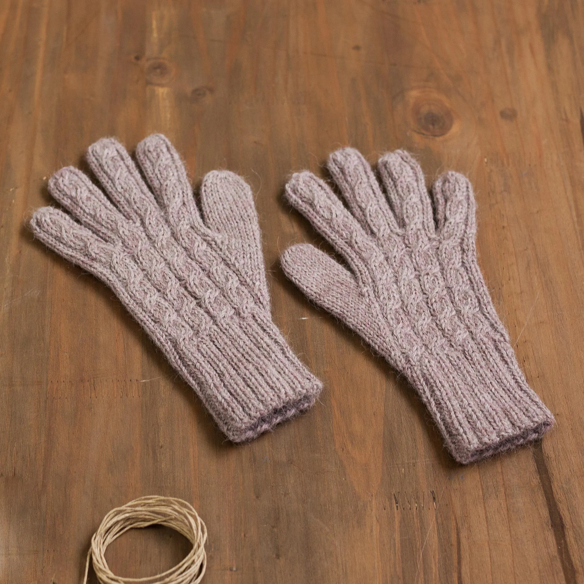 'Winter Delight in Light Mauve' Cable Knit 100% Alpaca Gloves from Peru